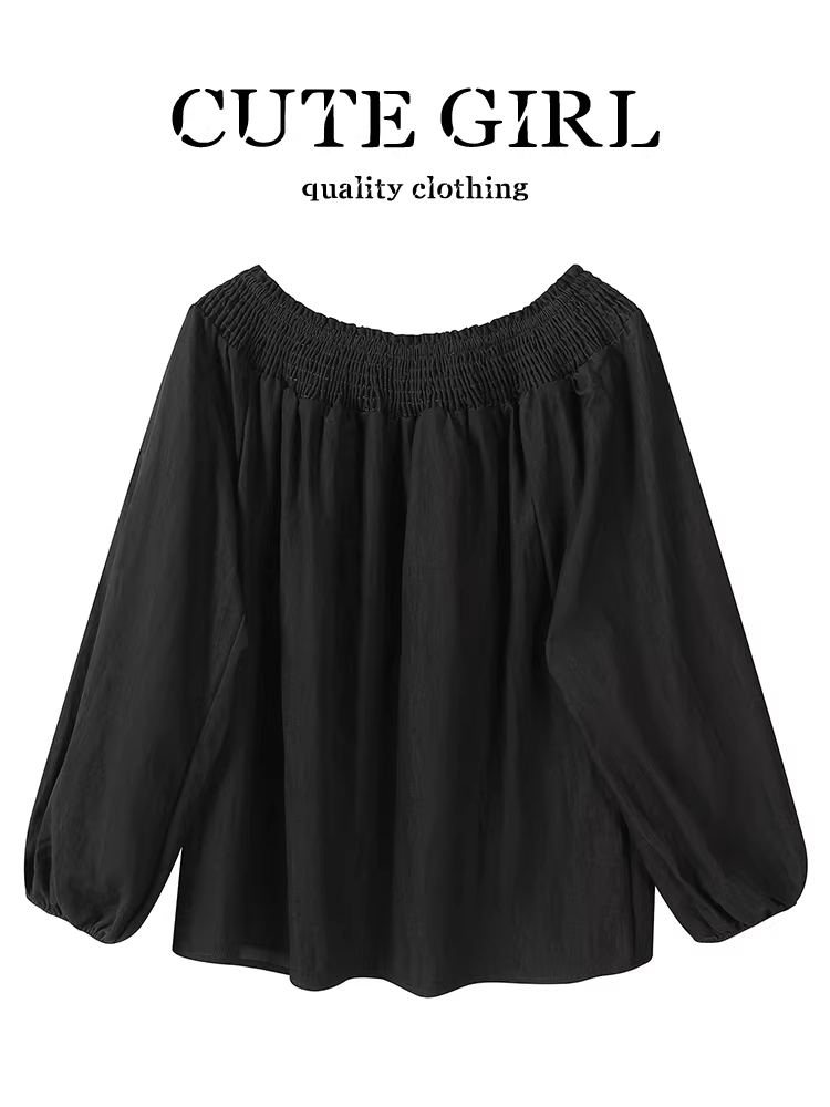 Áo sơ mi lệch vai xếp ly màu đen phong cách Hàn Quốc dễ thương dành cho nữ, áo kiểu dáng rộng rãi, giản dị, sang trọng cho mùa thu.