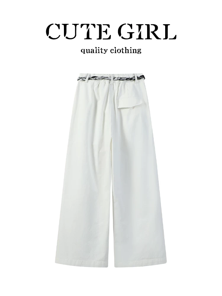 Quần ống rộng denim trắng cổ điển của CuteGirl dành cho nữ, thiết kế mùa thu, lưng cao, giảm béo, quần ống đứng đa năng