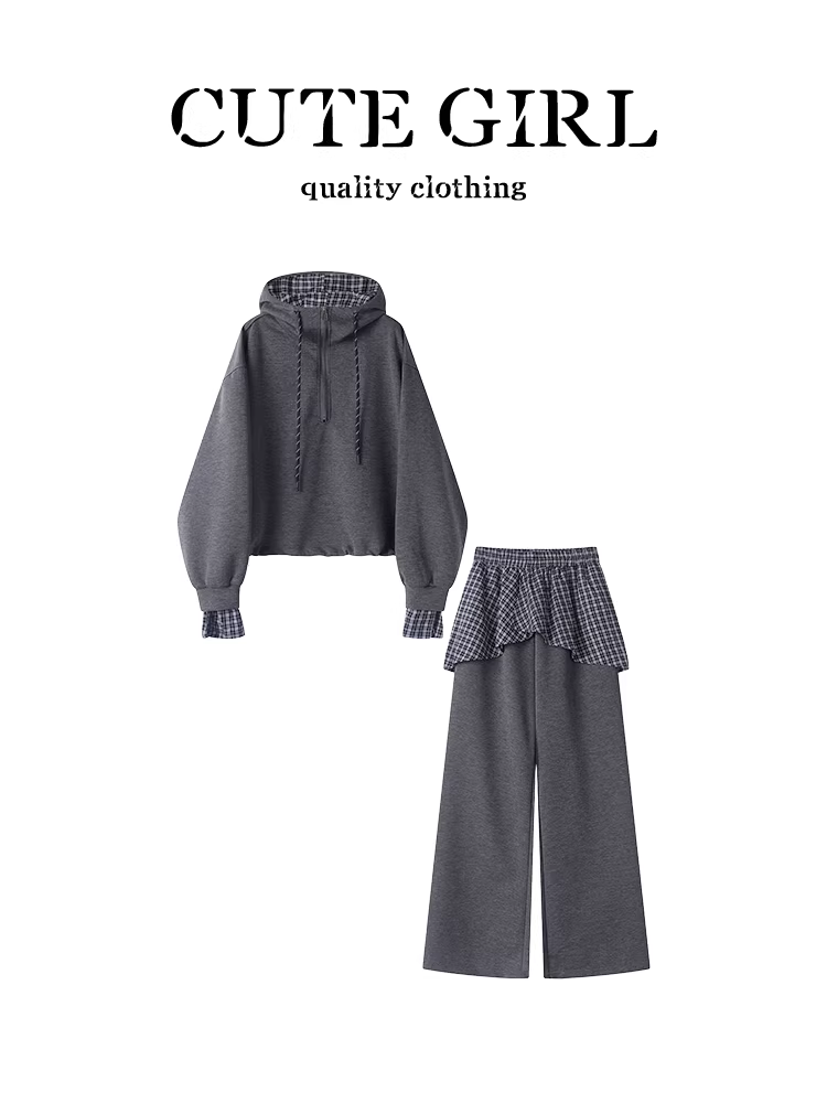 Bộ đồ hai mảnh thanh lịch dành cho nữ của CuteGirl, áo len dài tay có mũ trùm đầu màu xám mùa thu với bộ quần dài có dây rút