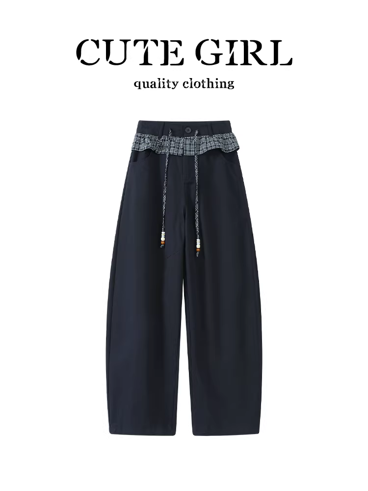 Quần ống rộng chắp vá kiểu Hàn Quốc CuteGirl dành cho nữ, thiết kế mùa thu, lưng cao, thon gọn, quần đa năng