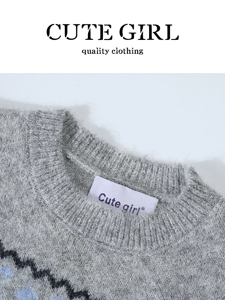 Áo len cổ tròn Fair Isle lấy cảm hứng từ thiết kế CuteGirl dành cho nữ, mùa thu đông, kiểu dáng thời trang, dáng rộng, giản dị, đa năng, áo giảm tuổi tác.
