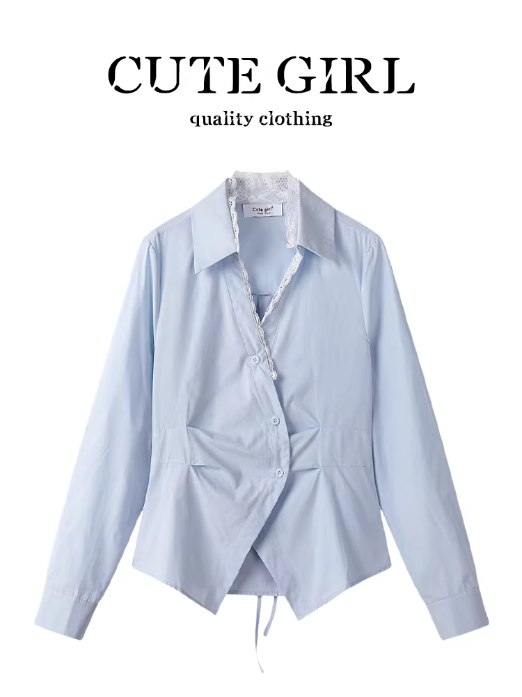 Áo sơ mi màu xanh bất đối xứng thiết kế ren chắp vá của CuteGirl dành cho nữ đầu xuân Áo kiểu cổ chữ V thắt eo thanh lịch