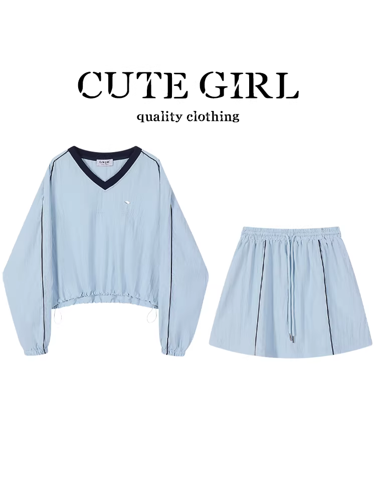 Bộ trang phục mùa xuân CuteGirl dành cho nữ, áo chui đầu cổ chữ V phối màu mùa xuân chống nắng và váy thường ngày hai mảnh