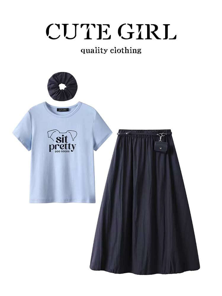 Bộ trang phục giảm tuổi tác mùa hè CuteGirl dành cho nữ, áo thun in chữ màu xanh và váy chữ A hai mảnh