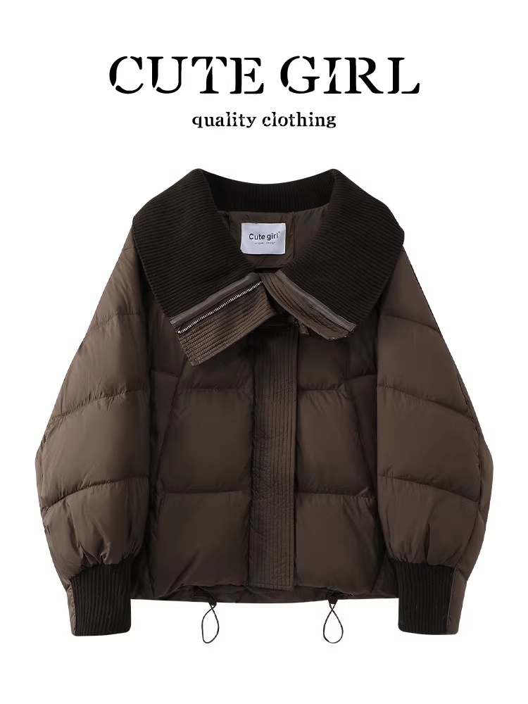 Áo khoác ngắn có ve áo lớn màu cà phê cổ điển của CuteGirl dành cho nữ, áo khoác lông vịt trắng dày mùa đông mới