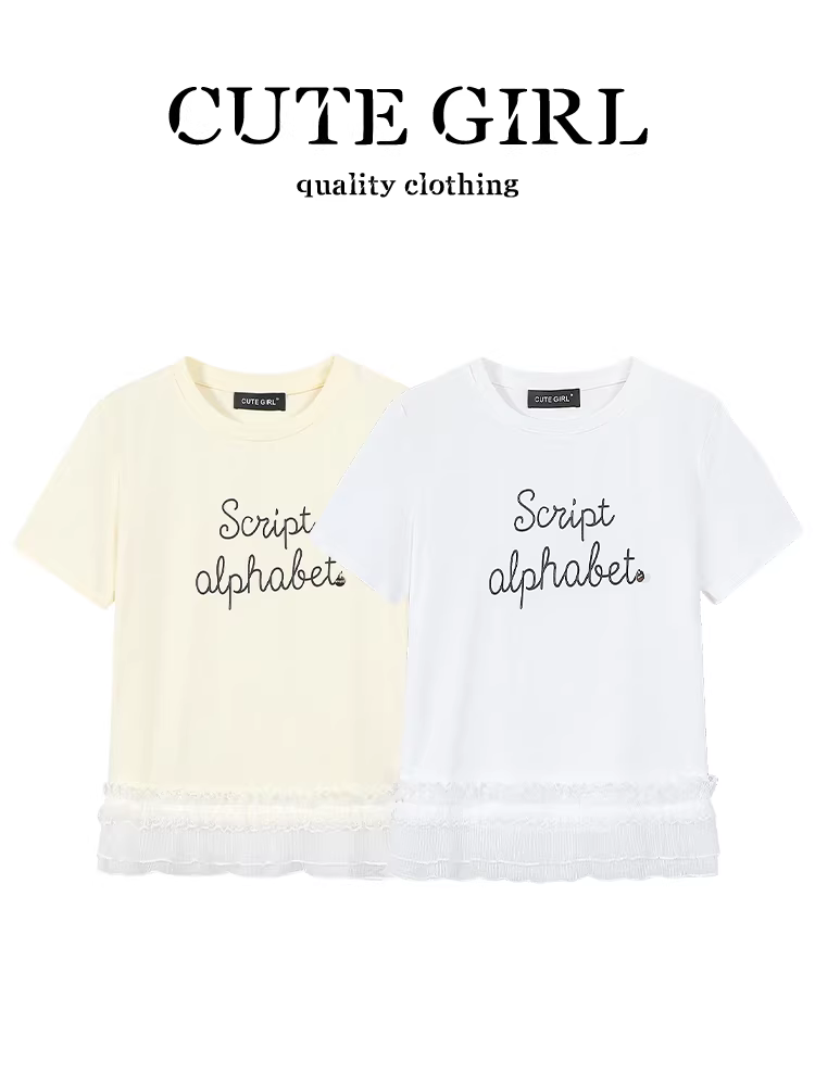 Áo thun ngắn tay cổ tròn in họa tiết ren chắp vá thiết kế CuteGirl dành cho nữ, áo mùa hè ngọt ngào và trẻ trung