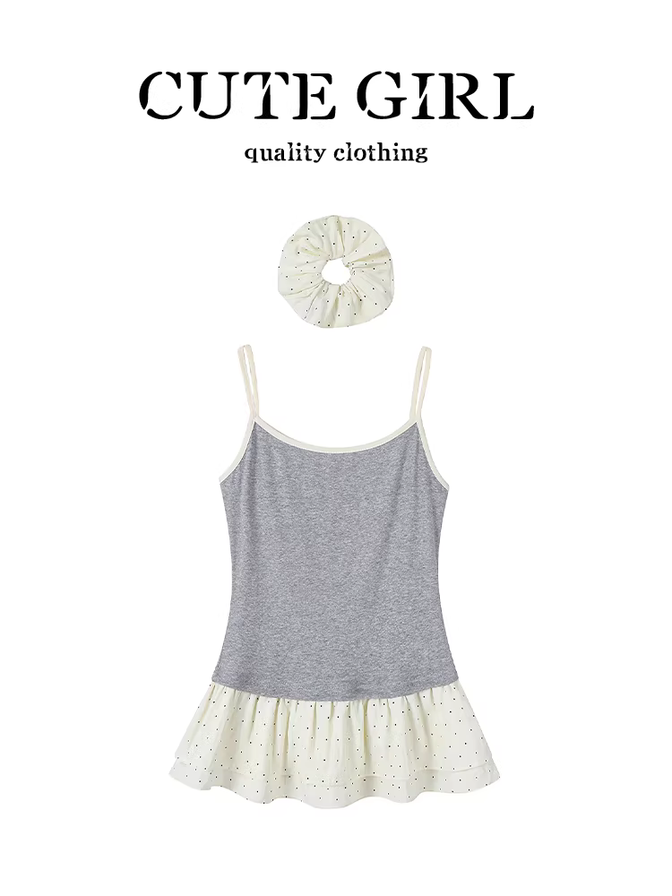 CuteGirl Áo yếm kiểu Hàn Quốc có viền chấm bi xếp nếp kiểu vá vá kiểu váy mùa hè kiểu dáng ôm sát kiểu váy dành cho nữ