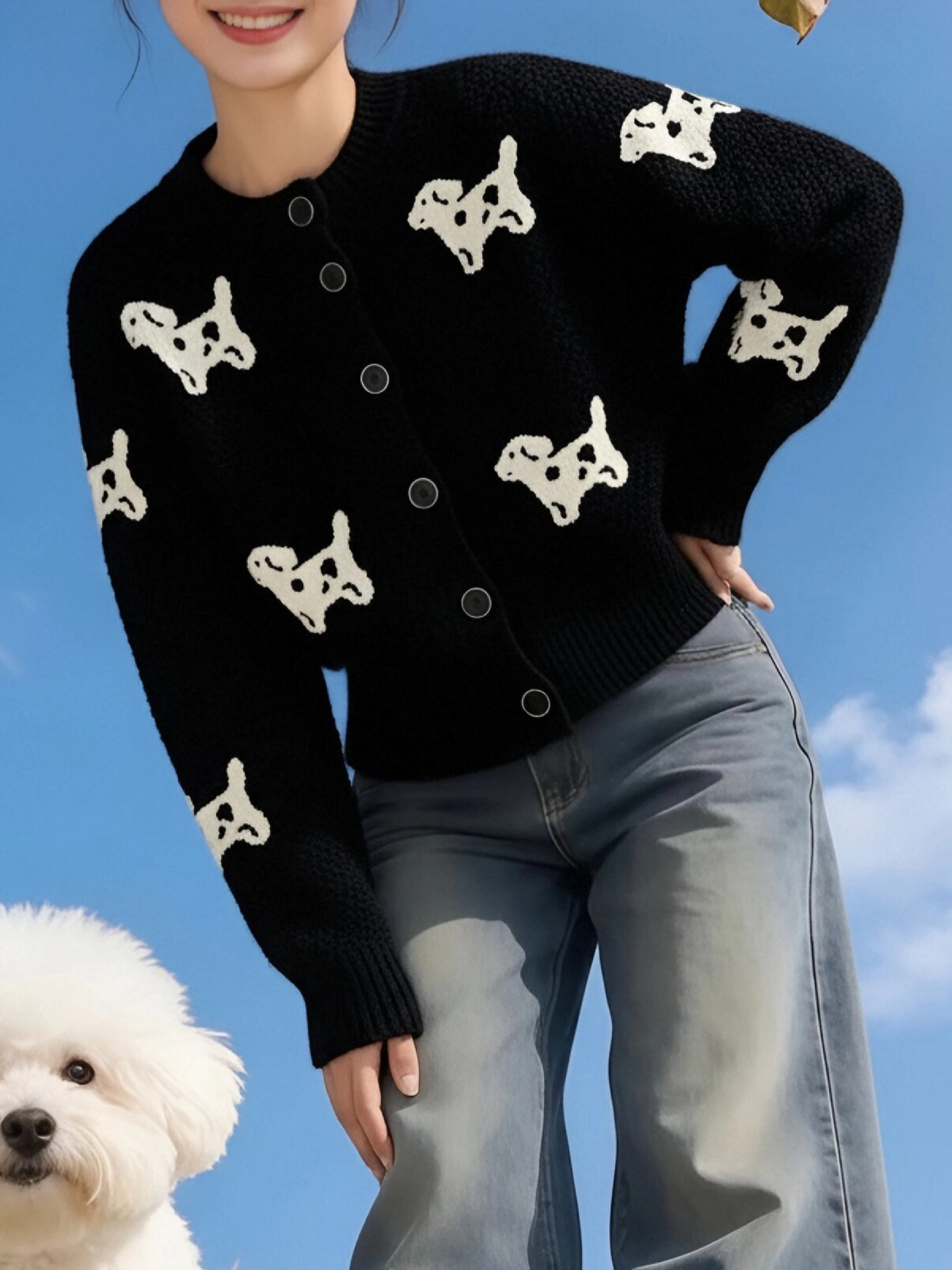 Áo len jacquard màu đen phong cách Hàn Quốc dành cho nữ, phong cách lười biếng mùa đông, áo len cardigan mềm mại đa năng, dáng rộng, giản dị