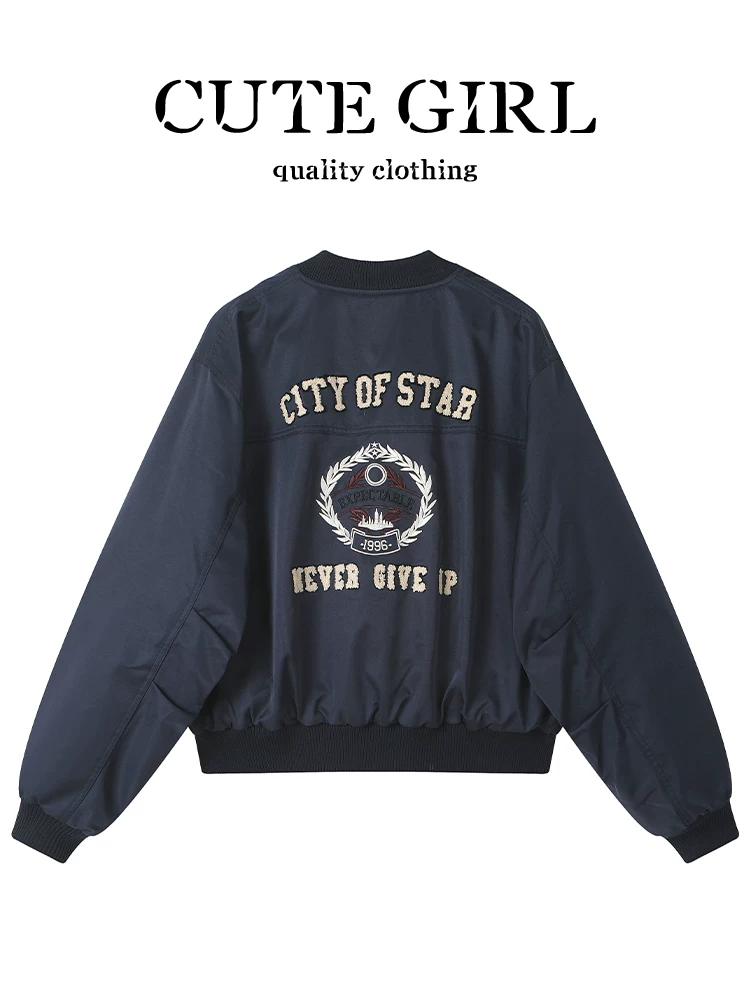 Áo khoác bóng chày thêu màu xanh kiểu Mỹ của CuteGirl dành cho nữ, mùa thu đông, phong cách preppy, áo khoác dáng rộng, giản dị, đa năng