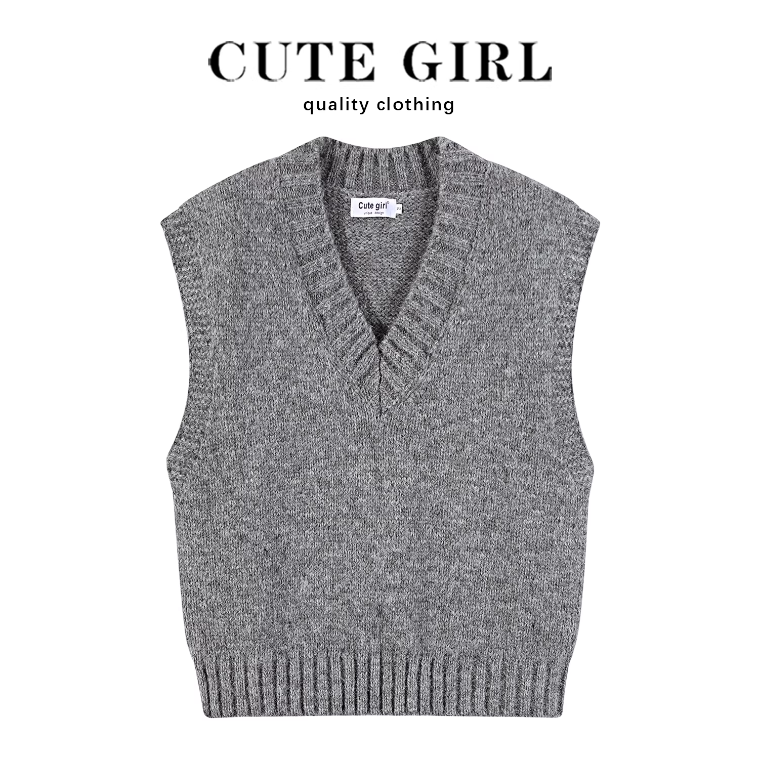 Áo vest dệt kim cổ chữ V màu xám phong cách dễ thương dành cho nữ, áo len không tay mặc ngoài mùa xuân