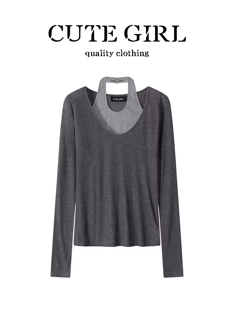 Áo thun dài tay giả hai mảnh cổ yếm màu xám phong cách Pure Desire dành cho nữ, thiết kế mùa thu, áo ôm dáng