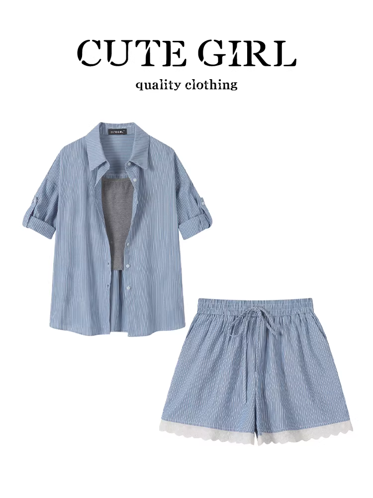 Bộ trang phục mùa hè CuteGirl dành cho nữ, áo sơ mi ngắn tay sọc xanh, quần short ống rộng phối ren dây đeo ba món