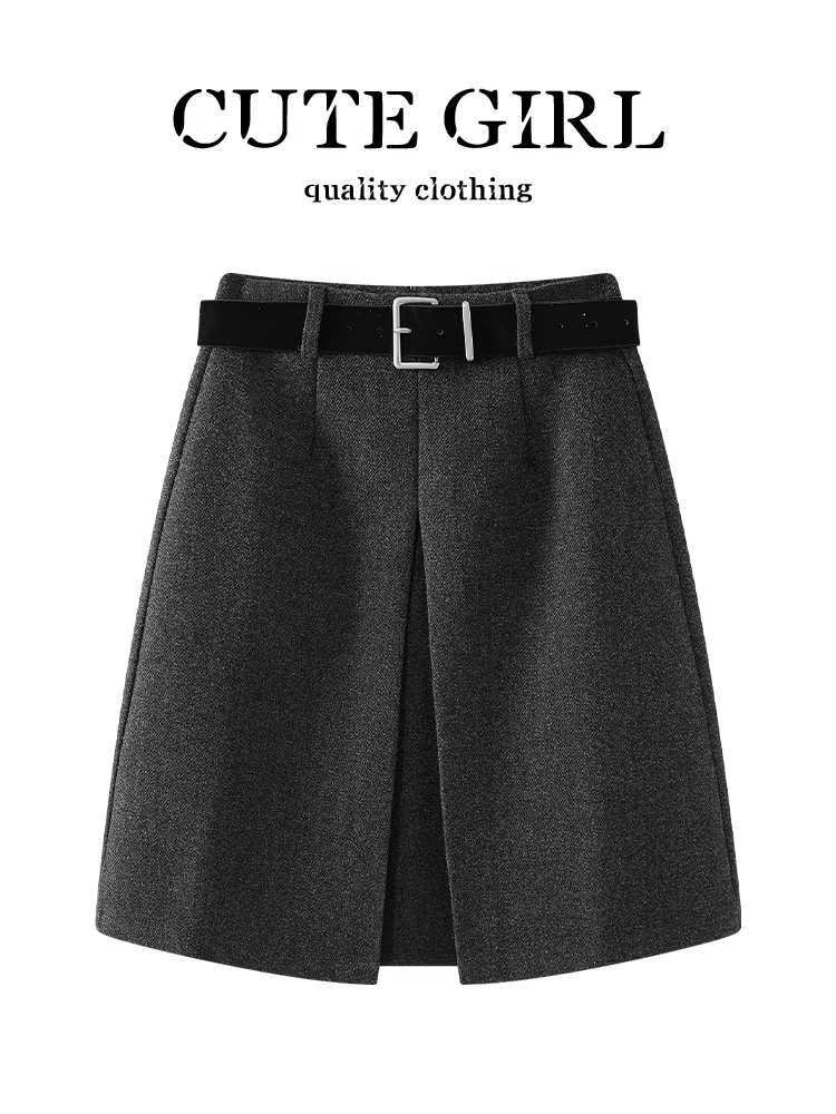 Váy len chấm bi màu xám cao cấp CuteGirl dành cho nữ, váy midi chữ A đa năng, cạp cao, kiểu dáng cổ điển mùa đông