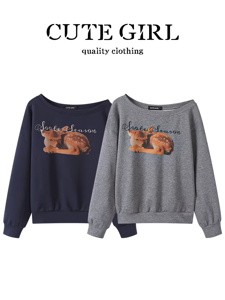 Áo len trễ vai in họa tiết màu xám phong cách Mỹ của CuteGirl dành cho nữ, thiết kế mùa thu, dáng rộng, giản dị, đa năng, áo giảm tuổi tác