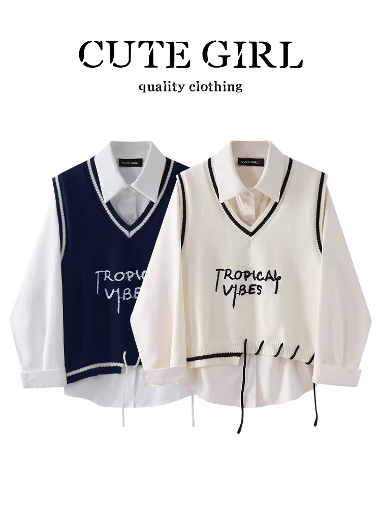 Áo vest giảm tuổi tác phong cách Hàn Quốc CuteGirl Áo vest dệt kim cổ chữ V phối áo sơ mi dài tay Bộ đồ hai mảnh dành cho nữ vào mùa thu