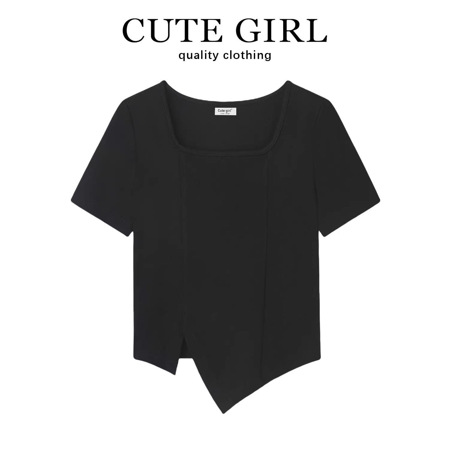 Áo thun nữ tay ngắn cổ vuông lệch vai kiểu Hàn Quốc màu đen CuteGirl, kiểu dáng ôm sát, mùa hè 2025, kiểu mới