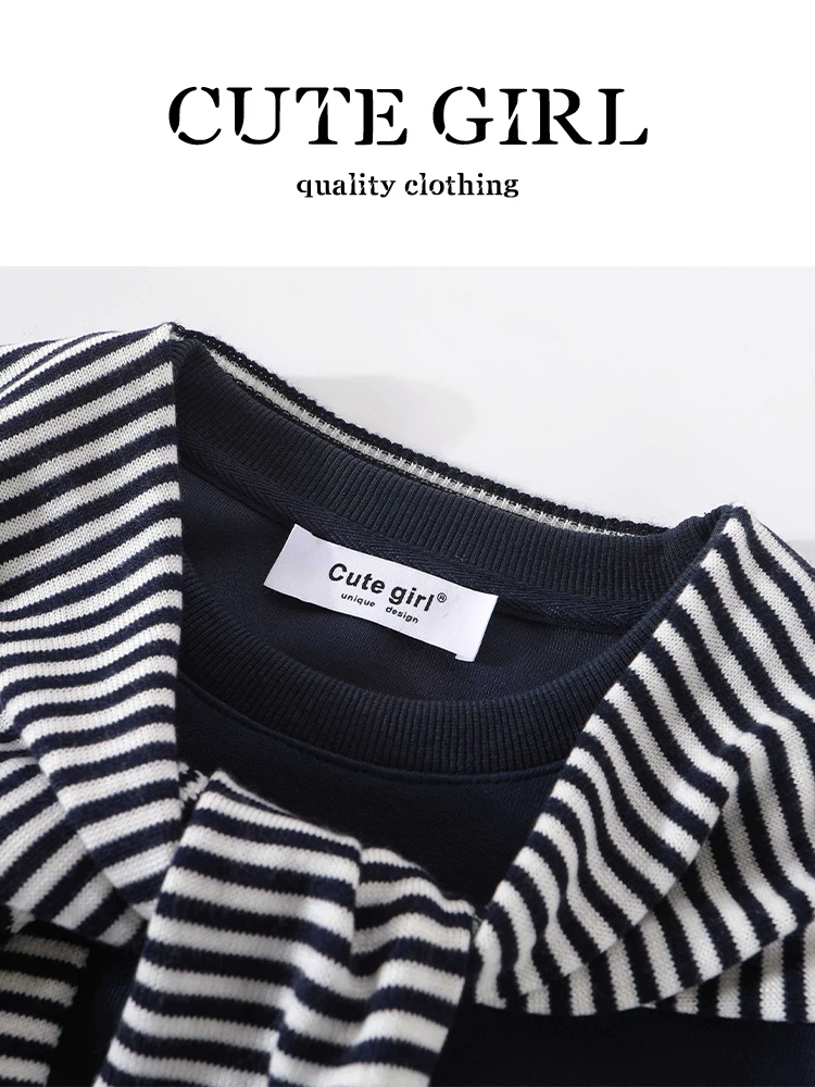Áo len màu xanh phong cách preppy của CuteGirl có khăn choàng, cổ tròn, áo kiểu dáng rộng rãi, giản dị, đa năng, giảm tuổi tác cho nữ mùa thu đông