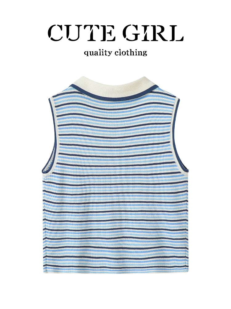 Áo vest không tay cổ polo sọc màu cổ điển của CuteGirl dành cho nữ, áo dệt kim ôm vừa vặn mùa hè