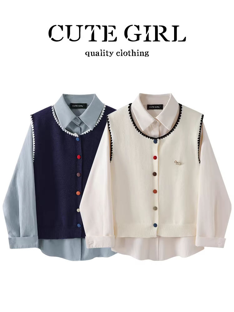 CuteGirl phong cách preppy áo sơ mi có cổ màu mơ áo vest dệt kim mùa thu dành cho nữ trang phục thanh lịch rộng rãi đa năng giảm tuổi tác