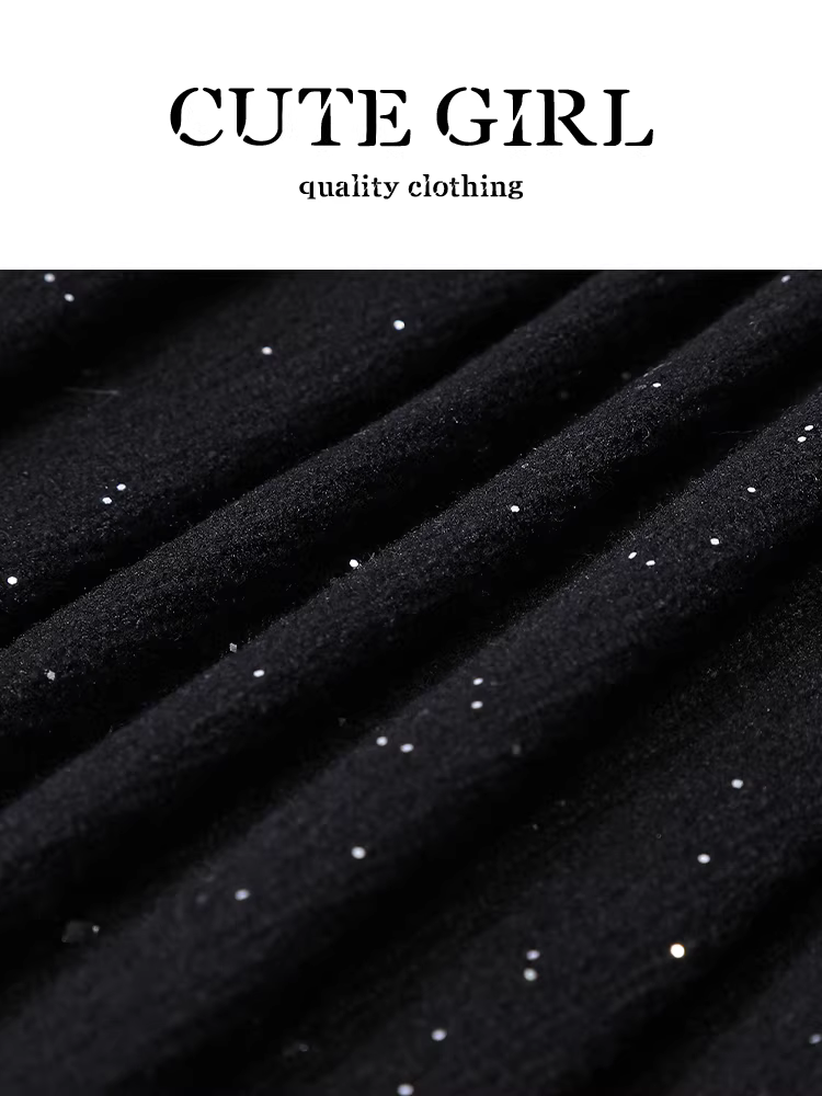 Váy len sequin nhỏ nhắn màu đen dễ thương dành cho nữ, váy xếp ly eo cao thanh lịch mùa đông
