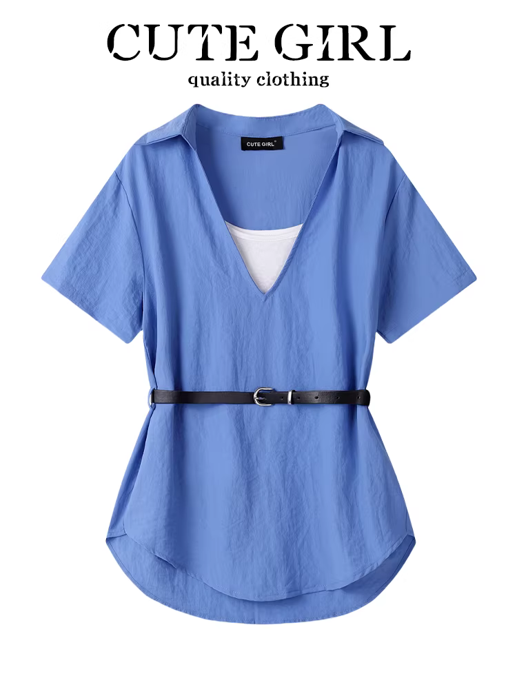 Áo sơ mi ngắn tay giả hai mảnh màu xanh kiểu Pháp độc đáo và sang trọng dành cho nữ, áo sơ mi ôm eo đa năng hợp thời trang mùa hè