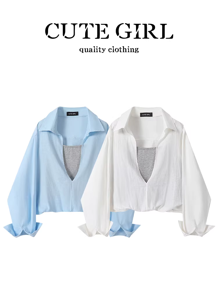 Áo sơ mi giả hai mảnh cổ chữ V màu trắng phong cách Hàn Quốc dễ thương dành cho nữ mùa xuân ngọt ngào giản dị