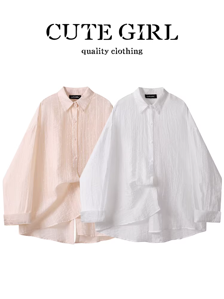 CuteGirl Thiết kế theo phong cách Hàn Quốc có xẻ lưng và thắt nơ, áo chống nắng màu trắng cho nữ, áo sơ mi chấm bi thanh lịch mùa hè