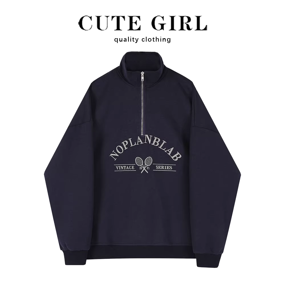 Áo len nỉ cổ polo nửa khóa kéo thêu chữ CuteGirl dành cho nữ, áo khoác chui đầu mới mùa thu đông 2025, dày dặn