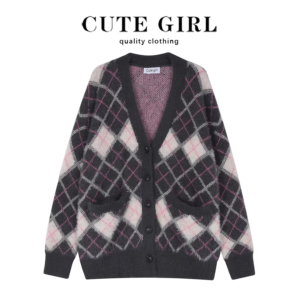 Áo khoác cardigan dệt kim CuteGirl, phong cách lười biếng, áo len mohair kẻ sọc mềm mại và mượt mà dành cho nữ, phong cách mới mùa xuân và mùa thu 2025