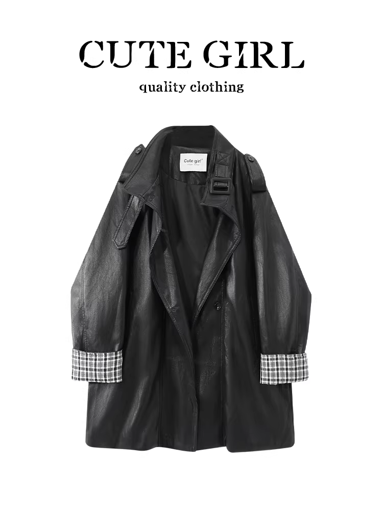 Áo khoác da dài vừa phải màu đen cổ điển của CuteGirl dành cho nữ, áo khoác mùa thu thanh lịch, rộng rãi, giản dị và đa năng