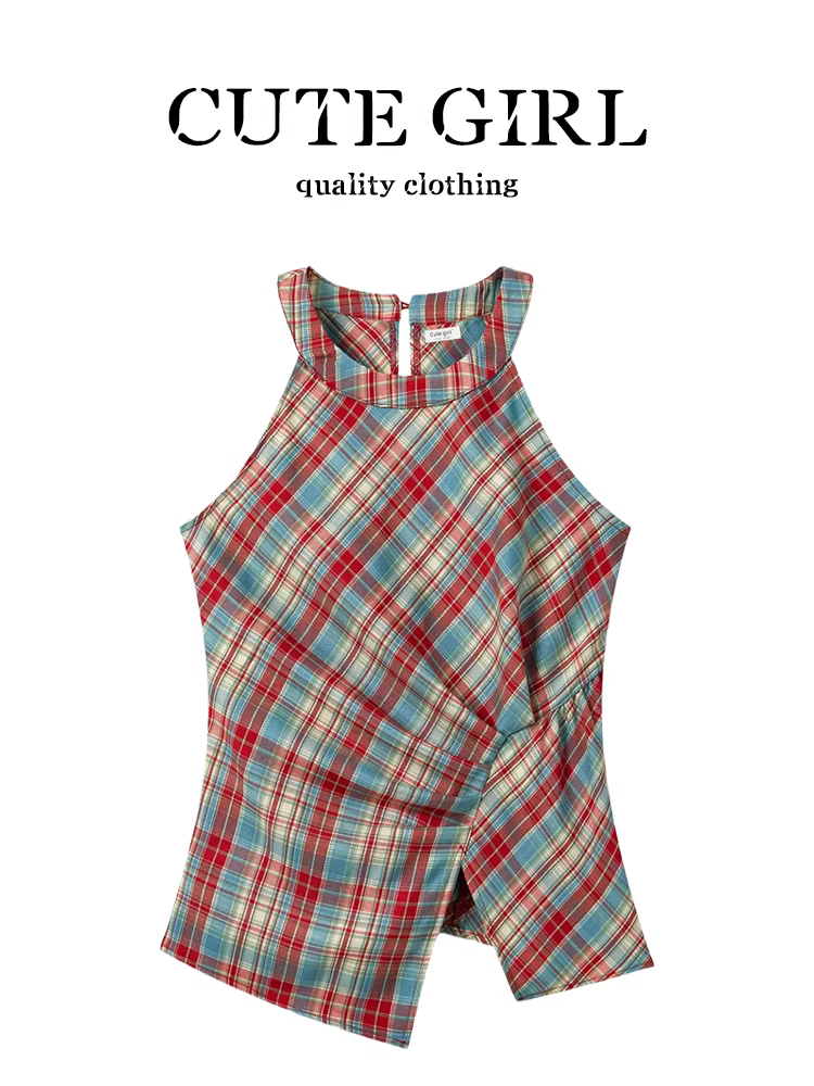 Áo dây kẻ sọc đỏ cổ điển kiểu Mỹ của CuteGirl dành cho nữ, áo có đường xẻ eo không đều mùa hè