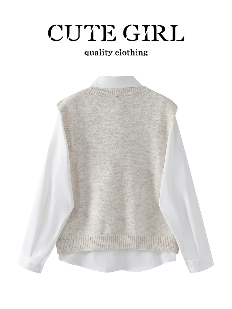 CuteGirl Hàn Quốc cổ điển màu trắng cổ áo Polo áo sơ mi dệt kim áo vest nữ mùa thu thanh lịch áo sơ mi dáng rộng giản dị