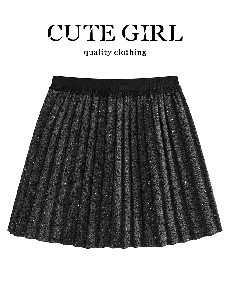CuteGirl Váy xếp ly sequin mịn màu xám đậm phong cách Hàn Quốc dành cho nữ, váy đa năng cạp cao phong cách preppy mùa đông
