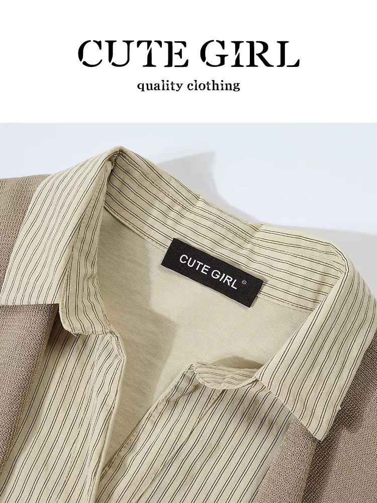 Áo sơ mi dài tay cổ polo sọc phong cách Hàn Quốc dành cho nữ, thiết kế mùa thu, dáng rộng và đa năng, áo độc đáo