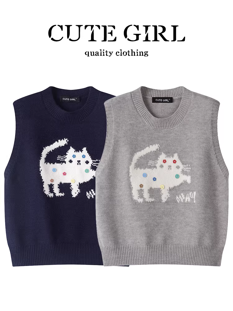 Áo vest dệt kim hình mèo màu xám phong cách dễ thương dành cho nữ, khí chất mùa thu, áo khoác ngoài rộng rãi và đa năng