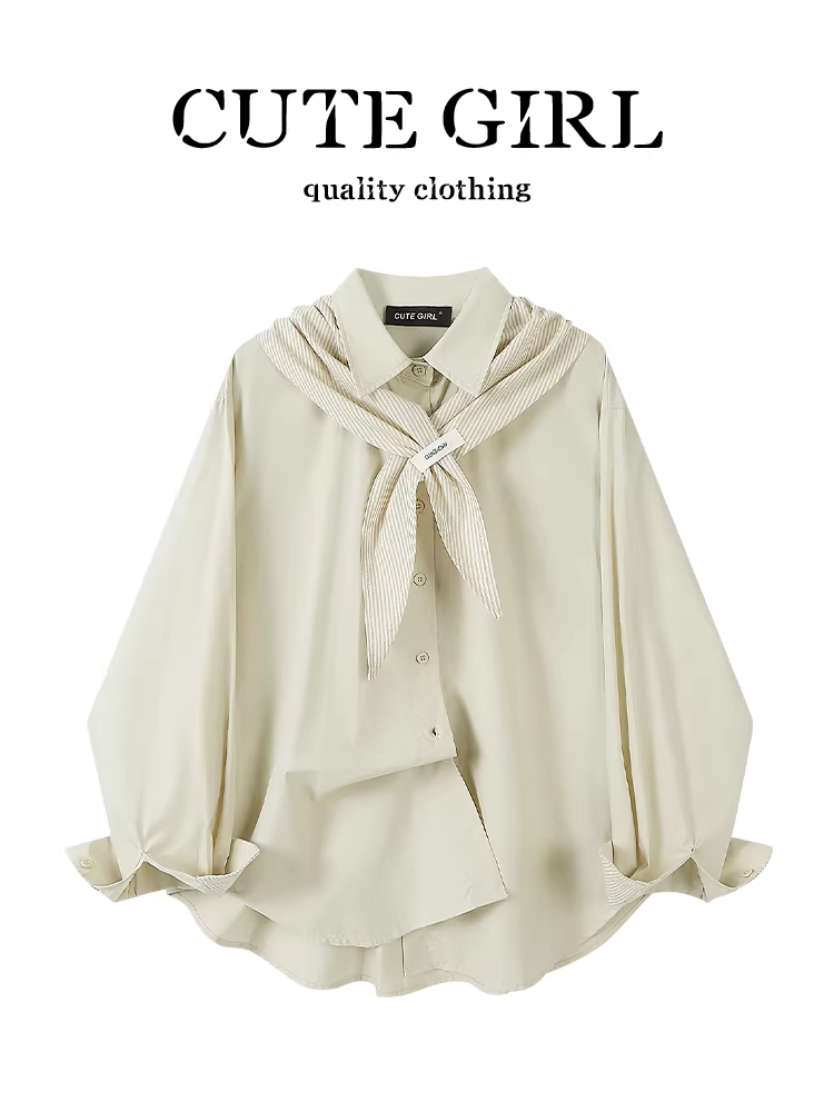 Áo sơ mi cổ polo màu mơ kiểu Pháp có khăn choàng dành cho nữ, thiết kế mùa thu, dáng rộng và đa năng, áo độc đáo