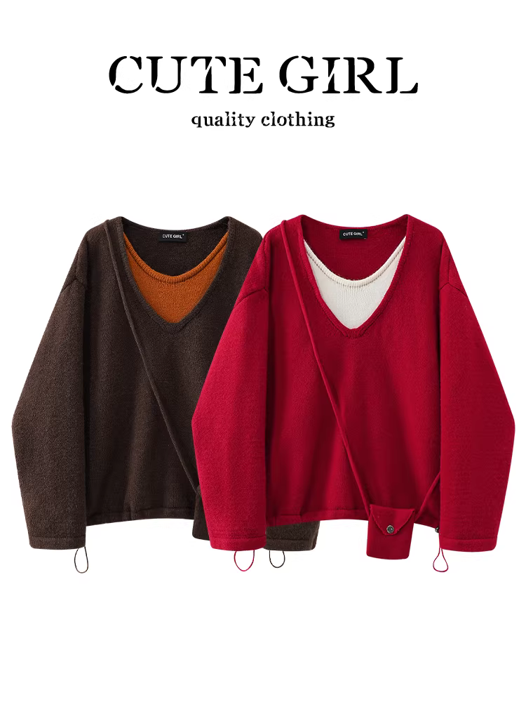Áo len cổ chữ V giả hai mảnh màu tương phản phong cách Hàn Quốc dành cho nữ mùa thu đông, phong cách lười biếng, áo len dệt kim dáng rộng, giản dị và đa năng