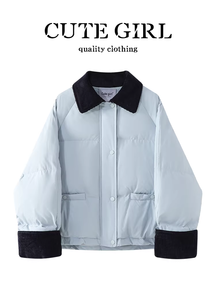 Áo khoác có túi chắp vá cổ vải nhung cổ điển CuteGirl dành cho nữ, mùa thu đông, sành điệu, dáng rộng, đa năng, áo khoác cotton ấm áp