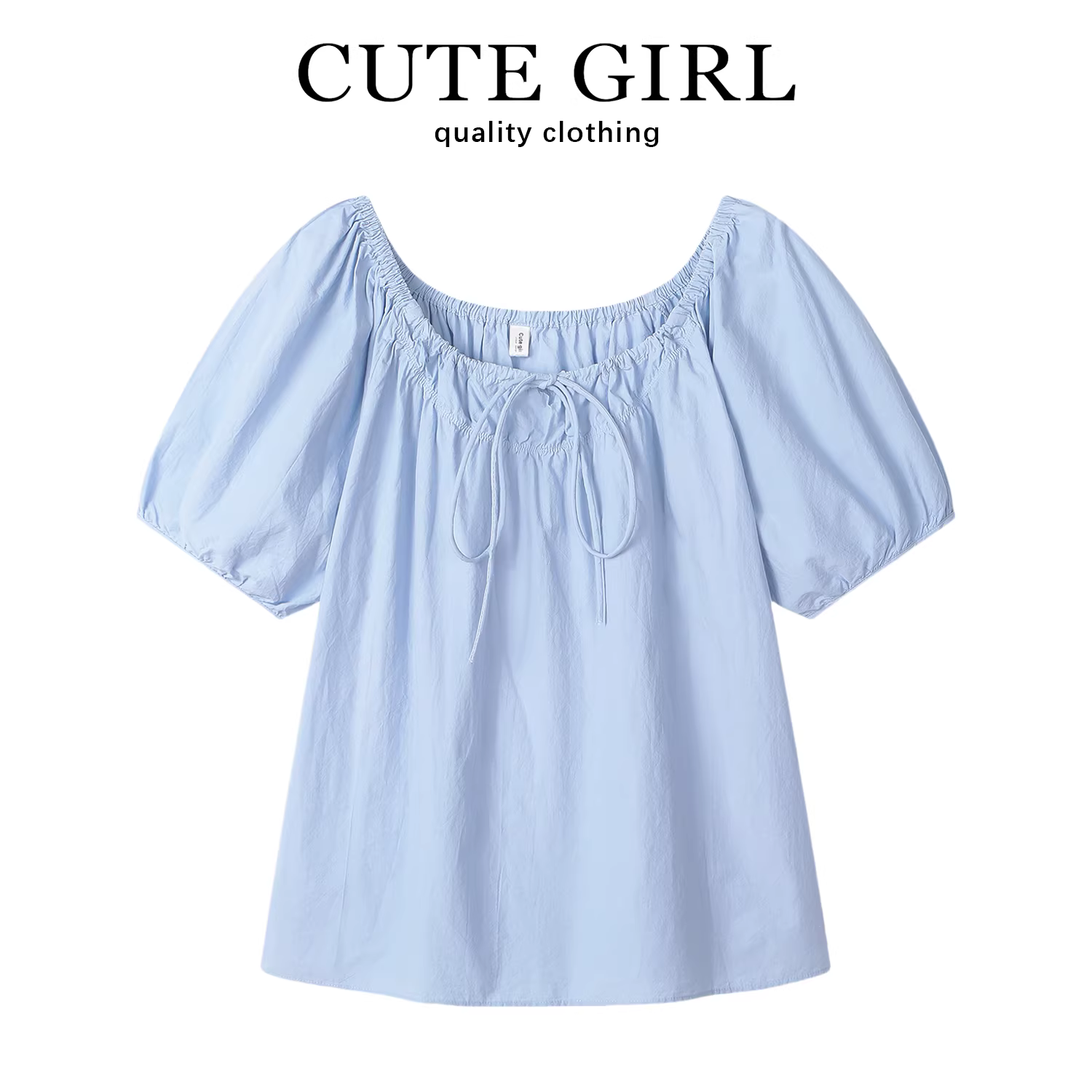 Áo sơ mi chui đầu màu xanh xếp ly cổ tròn buộc dây phong cách Hàn Quốc dành cho nữ, áo sơ mi babydoll dáng rộng mùa hè.