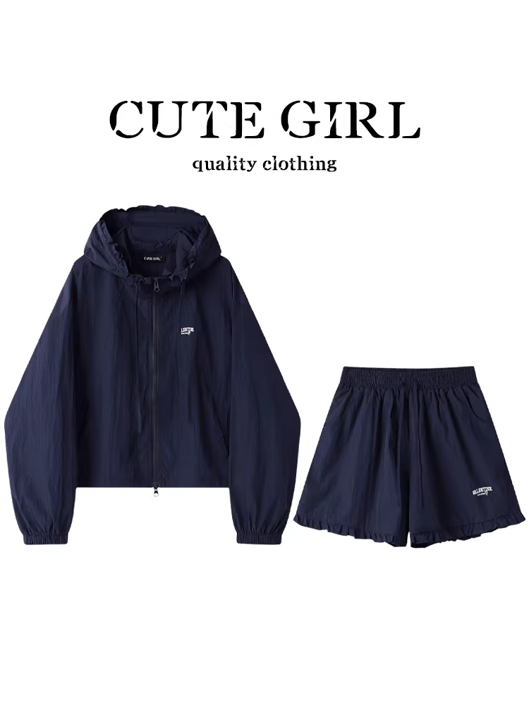 CuteGirl phong cách Hàn Quốc giản dị, áo khoác chống nắng có mũ trùm đầu màu xanh lam, quần short cạp cao mùa hè dành cho nữ, bộ đồ hai mảnh