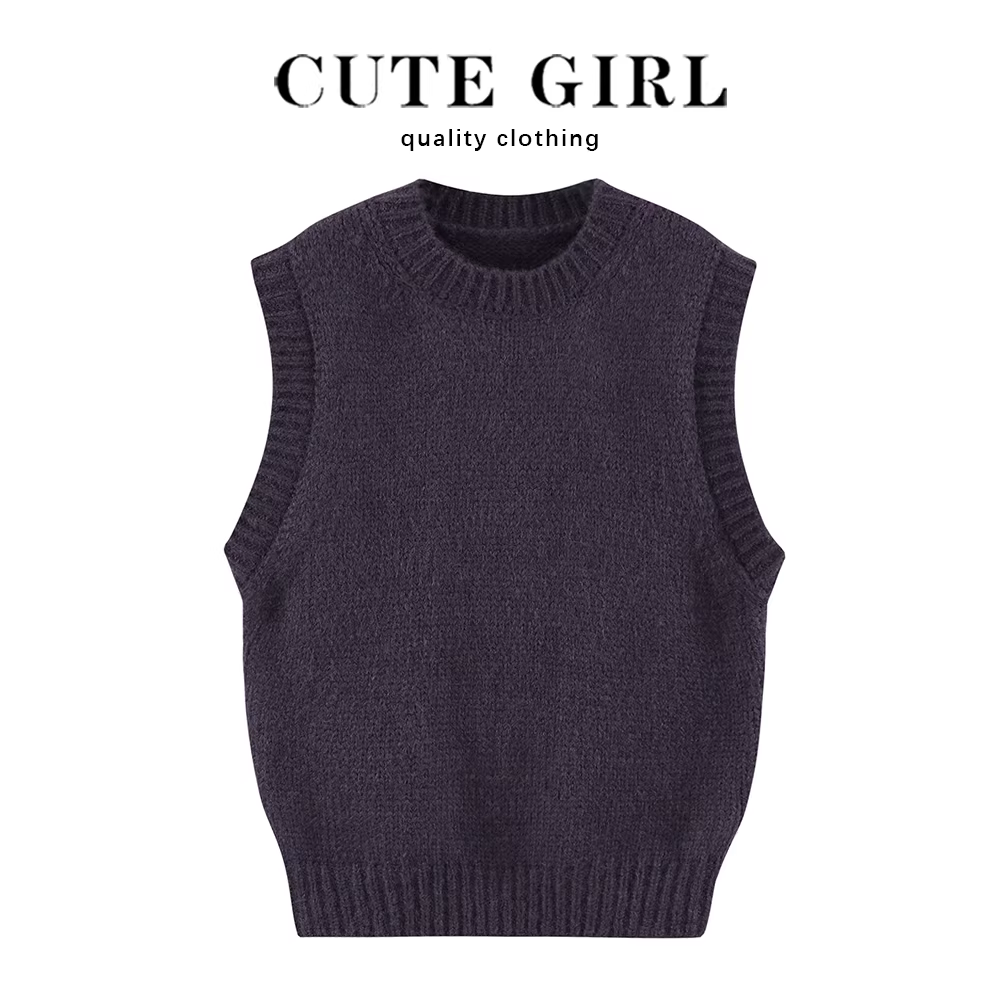 Áo len dệt kim cổ tròn kiểu retro CuteGirl dành cho nữ, mẫu mới xuân thu 2025, áo khoác ngoài không tay