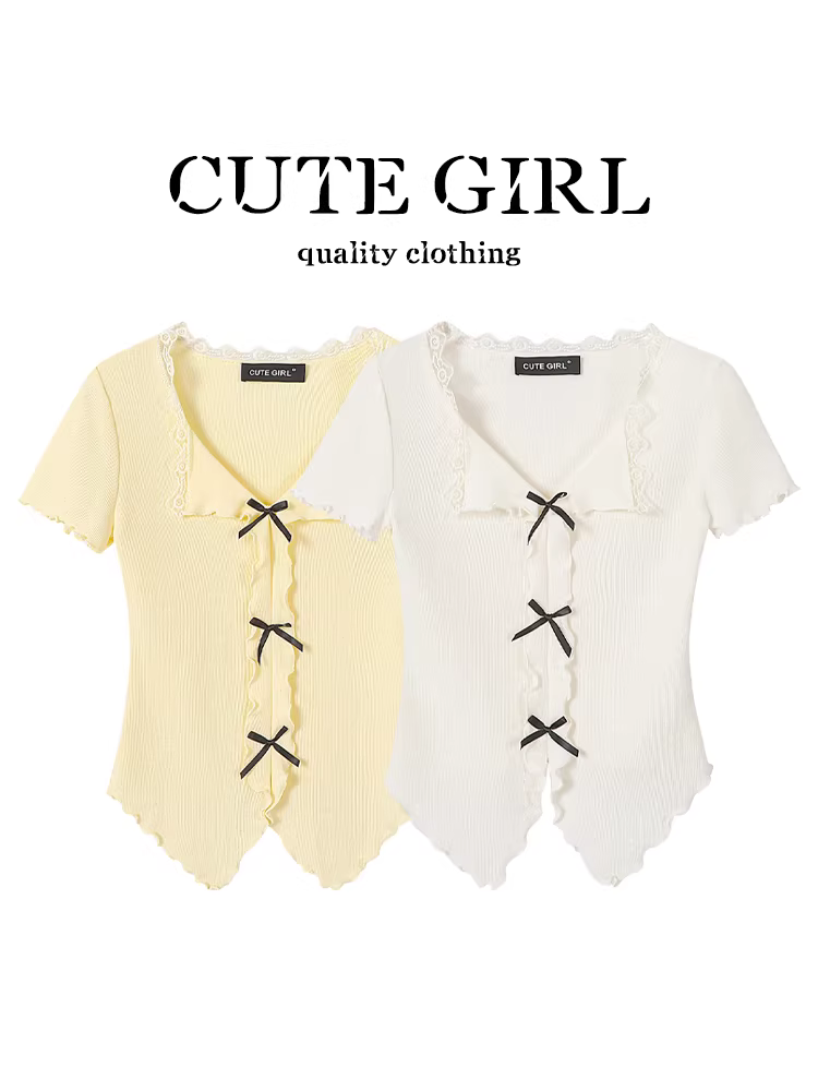 Áo thun ngắn tay cổ chữ V phối ren ngọt ngào và cay cay dành cho nữ trong mùa hè, áo đẹp siêu đẹp và độc đáo