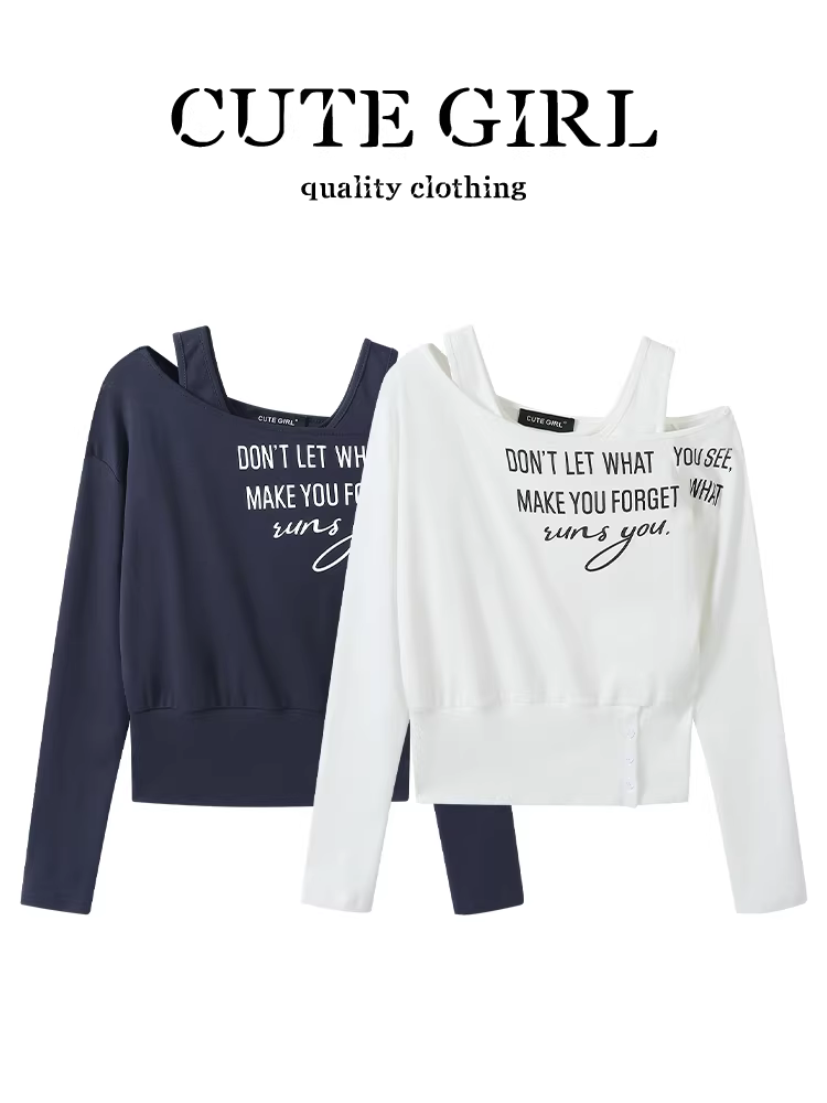 Áo thun dài tay trễ vai in họa tiết lấy cảm hứng từ thiết kế CuteGirl dành cho nữ, phong cách lười biếng đầu thu, áo dáng rộng đa năng