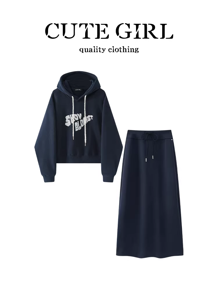 Bộ trang phục ootd mùa thu của CuteGirl Bộ đồ hoàn chỉnh gồm áo nỉ có mũ trùm đầu và váy in họa tiết màu xanh hải quân dành cho nữ