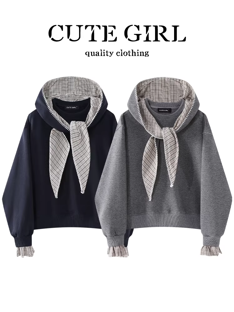 Áo nỉ mũ chắp vá kẻ sọc màu xám phong cách CuteGirl dành cho nữ, mùa thu đông, áo cao cấp, rộng rãi và đa năng