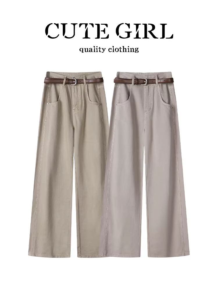 Quần ống rộng kiểu Mỹ cổ điển màu nâu dễ thương dành cho nữ, mùa thu đông, nhỏ nhắn, lưng cao, giảm béo, quần ống đứng đa năng