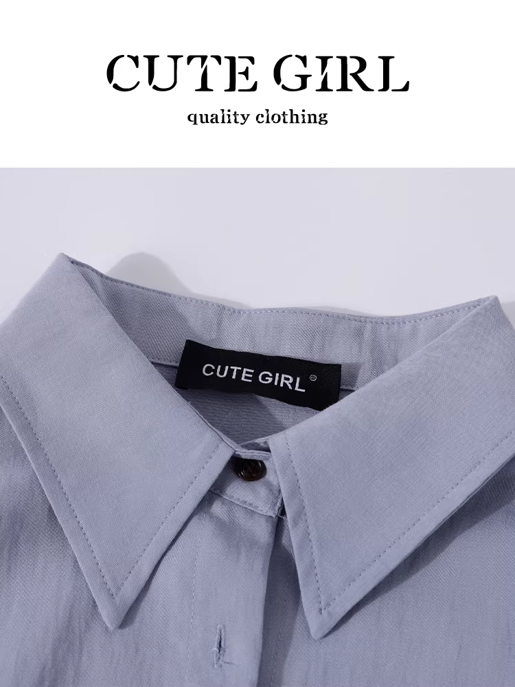 Áo sơ mi cổ polo có nút bên màu xanh phong cách Hàn Quốc dành cho nữ, áo sơ mi đa năng thường ngày mùa thu có thắt lưng