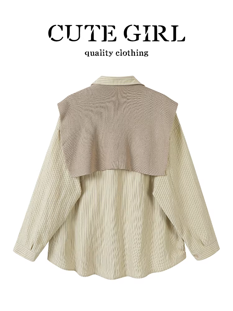 Áo sơ mi dài tay cổ polo sọc phong cách Hàn Quốc dành cho nữ, thiết kế mùa thu, dáng rộng và đa năng, áo độc đáo