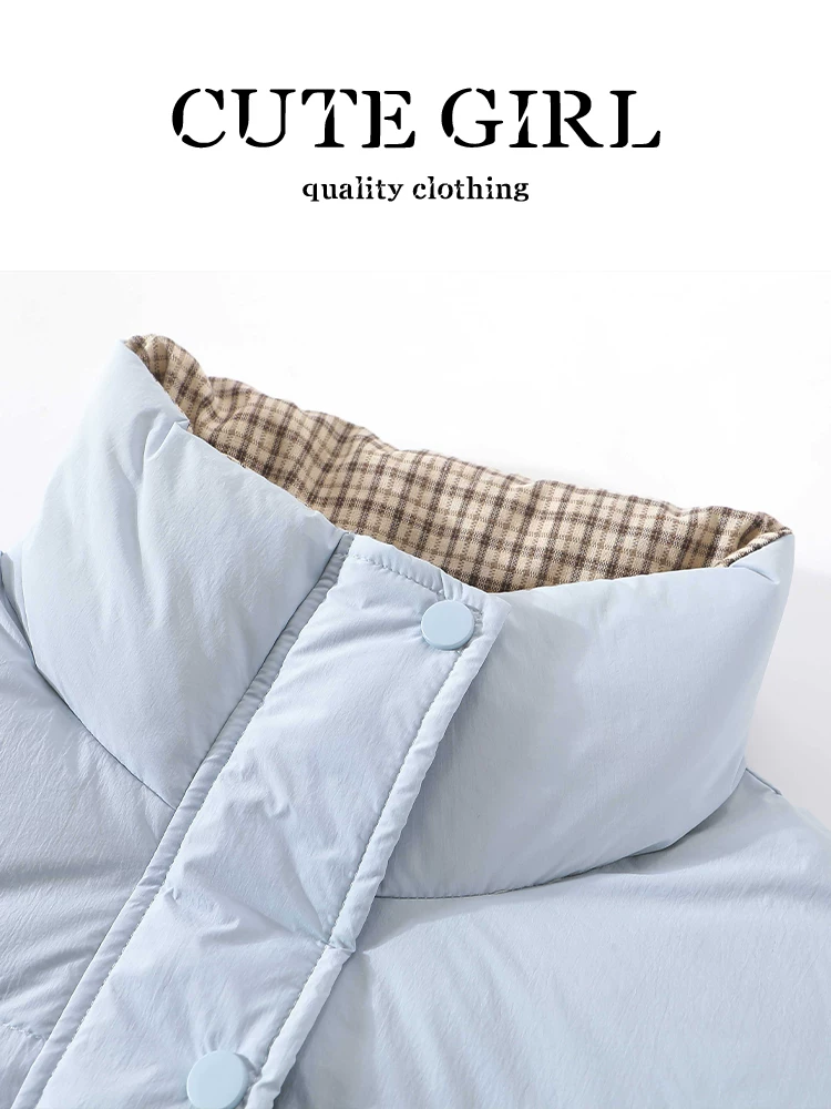 Áo khoác lông vũ có cổ đứng màu xanh lam phong cách Hàn Quốc dành cho nữ, mùa thu đông, áo khoác cotton ngắn thanh lịch, rộng rãi, đa năng.