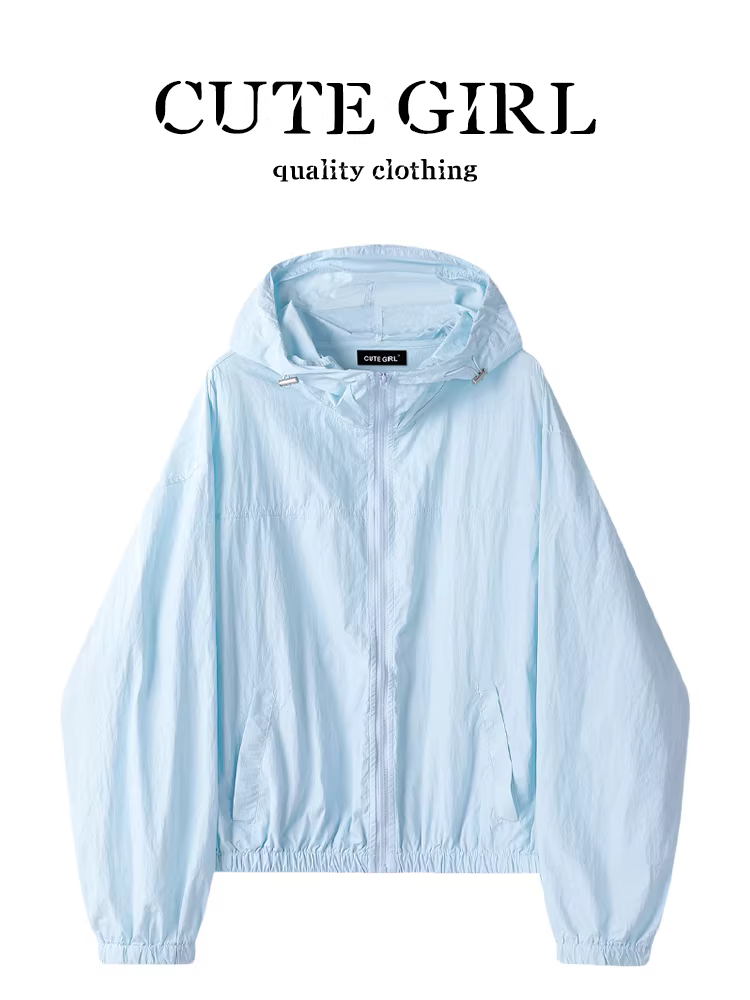 Áo chống nắng có mũ trùm đầu có dây kéo màu xanh đơn giản phong cách Hàn Quốc dành cho nữ trong mùa hè, áo khoác cardigan nhẹ và rộng, giúp giảm béo